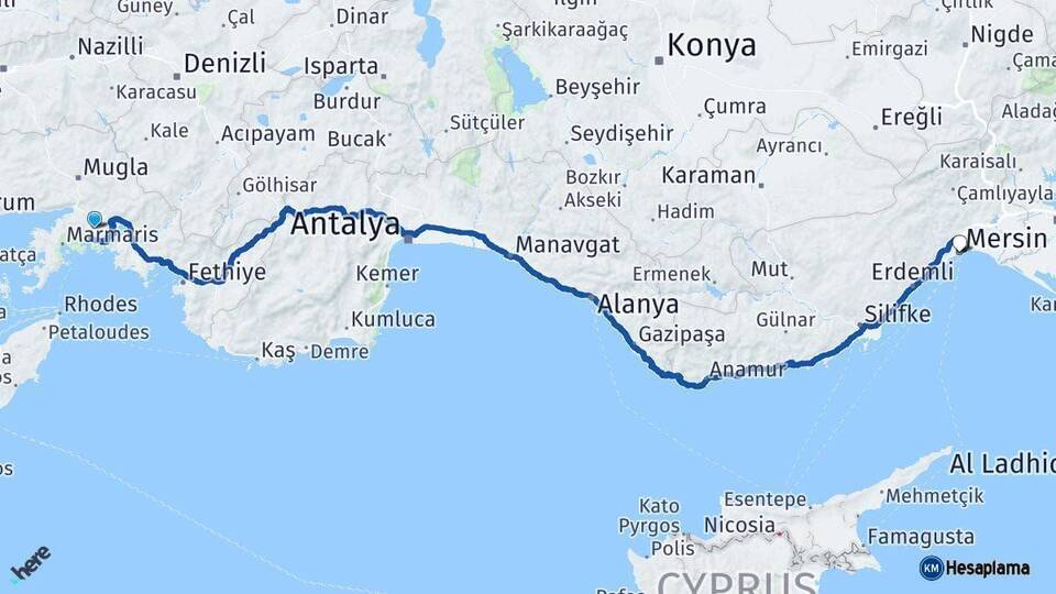 Muğla Mersin Arası Kaç Km - Yol Haritası