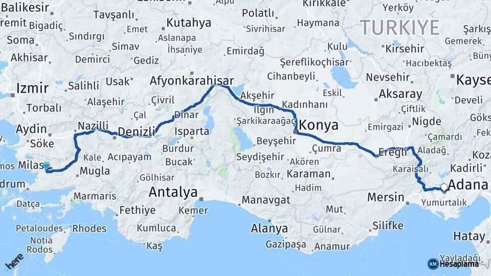 Muğla Milas Adana Arası Kaç Km - Yol Haritası