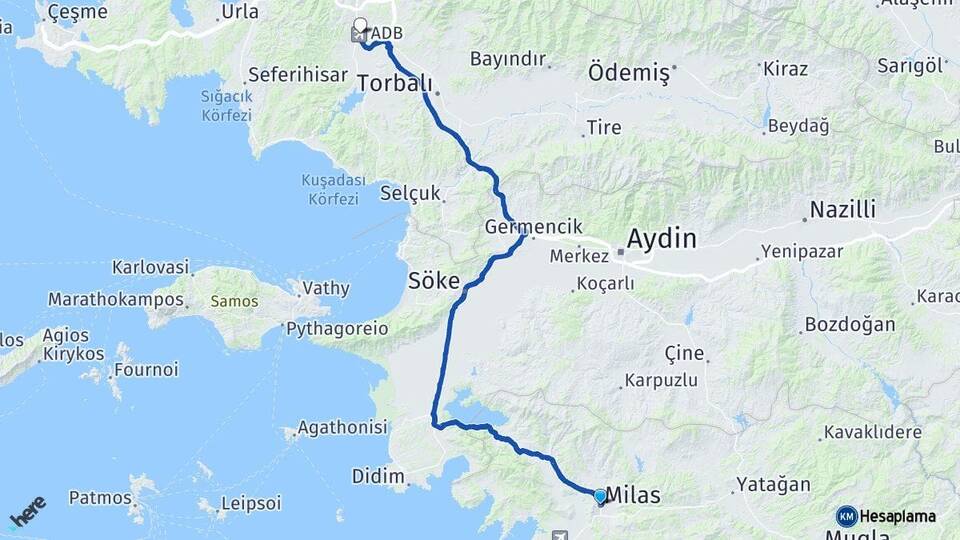 Muğla Milas Adnan Menderes Havalimanı Arası Kaç Km - Yol Haritası
