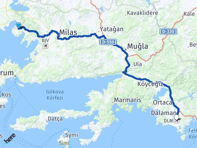 Muğla Milas Bozbük Muğla Dalaman Havalimanı Arası Kaç Km - Yol Haritası