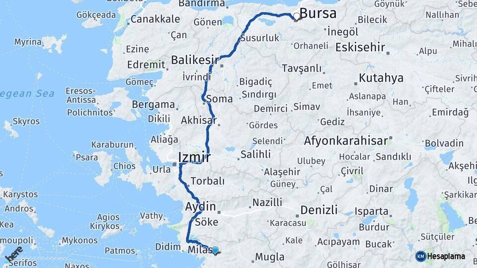 Muğla Milas Bursa Arası Kaç Km - Yol Haritası