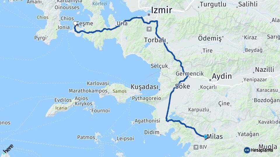 Muğla Milas Çeşme İzmir Arası Kaç Km - Yol Haritası
