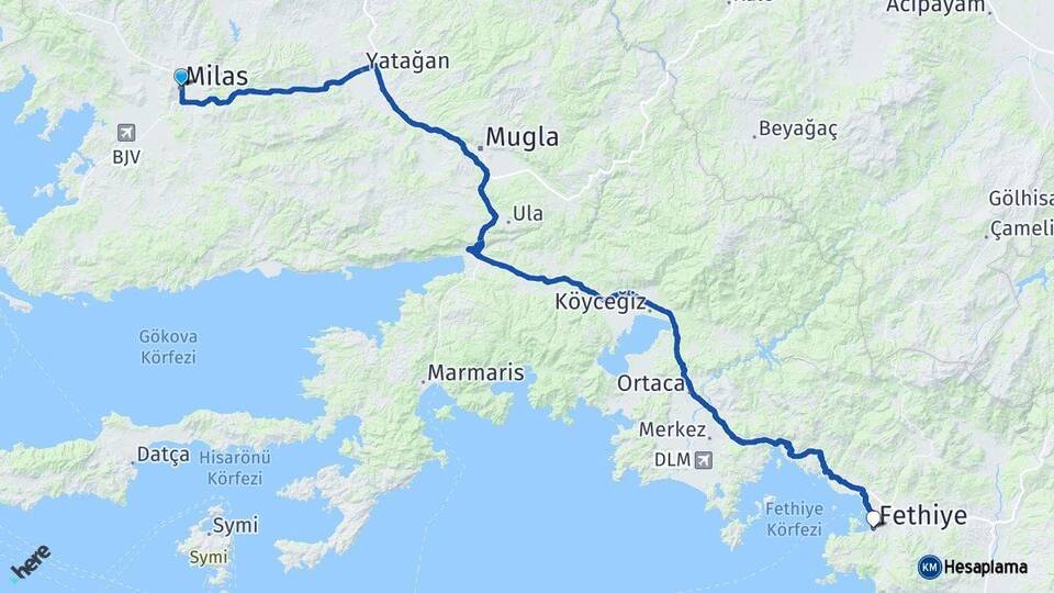 Muğla Milas Fethiye Arası Kaç Km - Yol Haritası