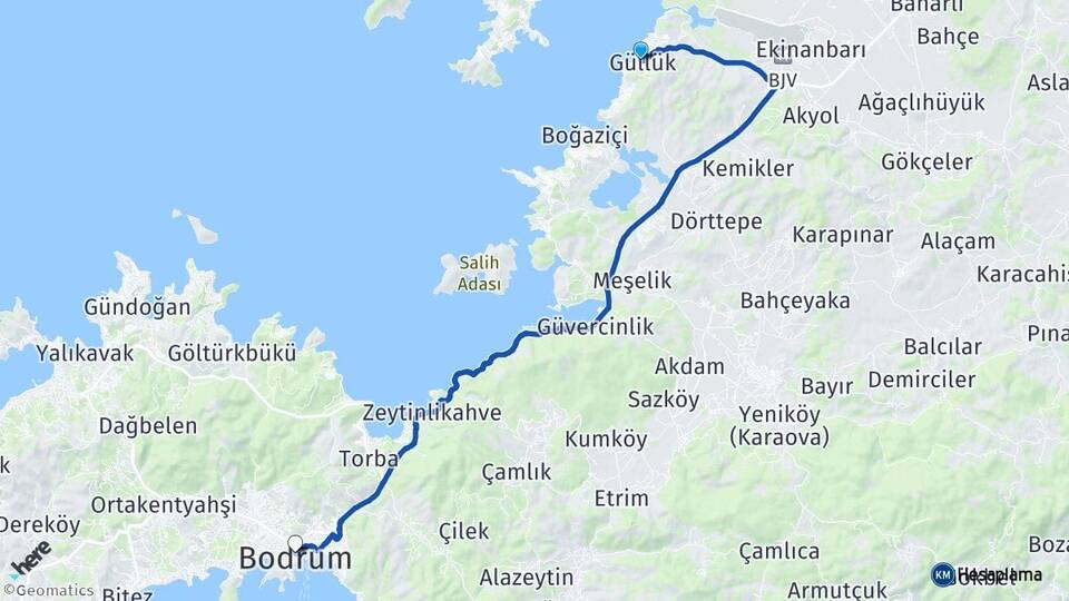 Muğla Milas Güllük Bodrum Arası Kaç Km - Yol Haritası