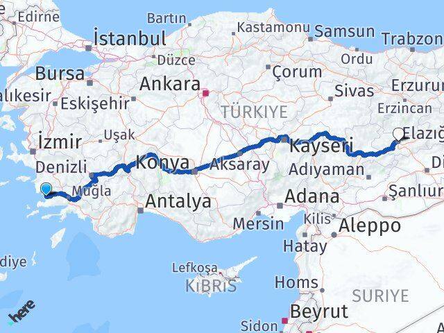 Muğla Milas Güllük Elazığ Arası Kaç Km - Yol Haritası