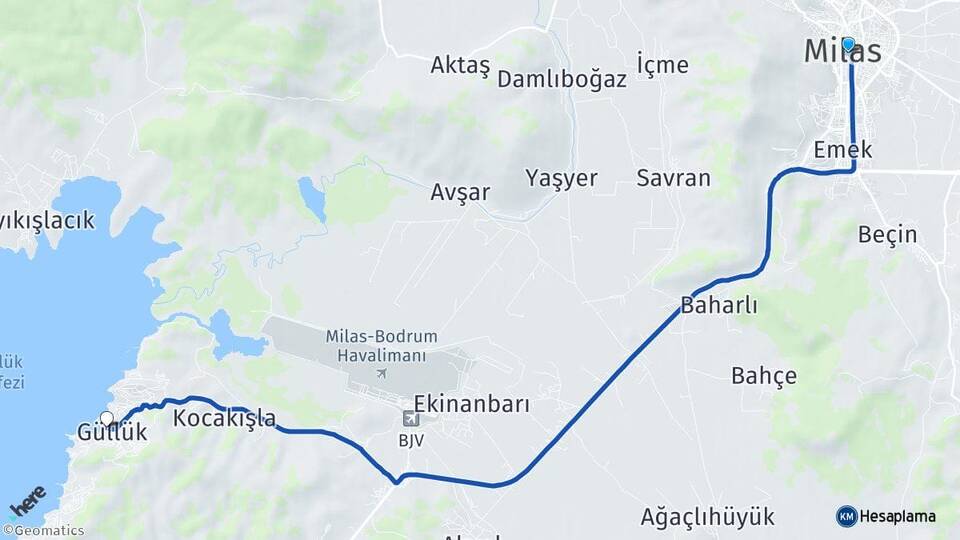 Muğla Milas Güllük Milas Arası Kaç Km - Yol Haritası