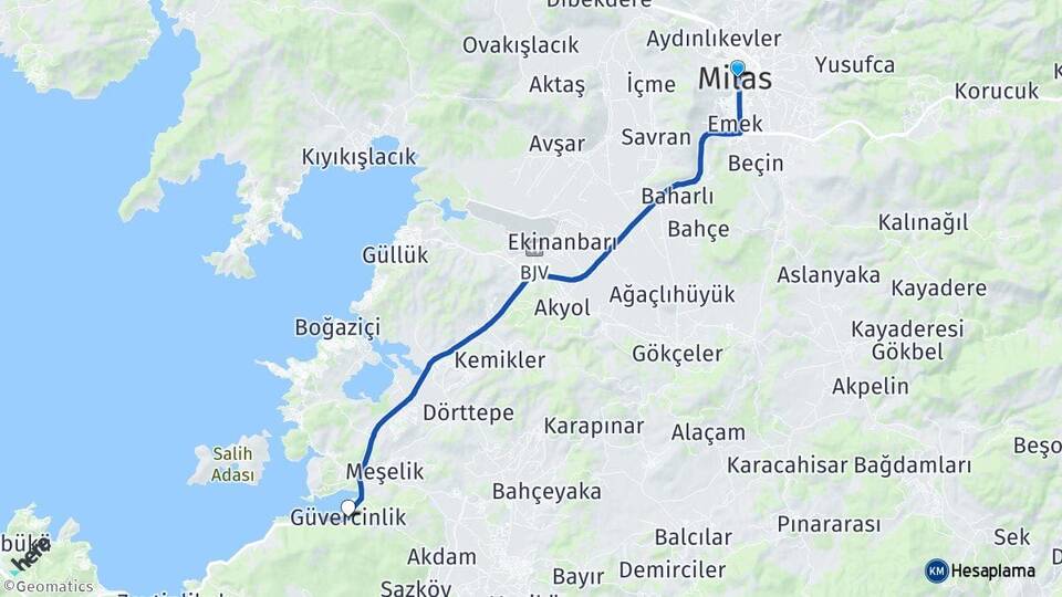 Muğla Milas Güvercinlik Bodrum Arası Kaç Km - Yol Haritası