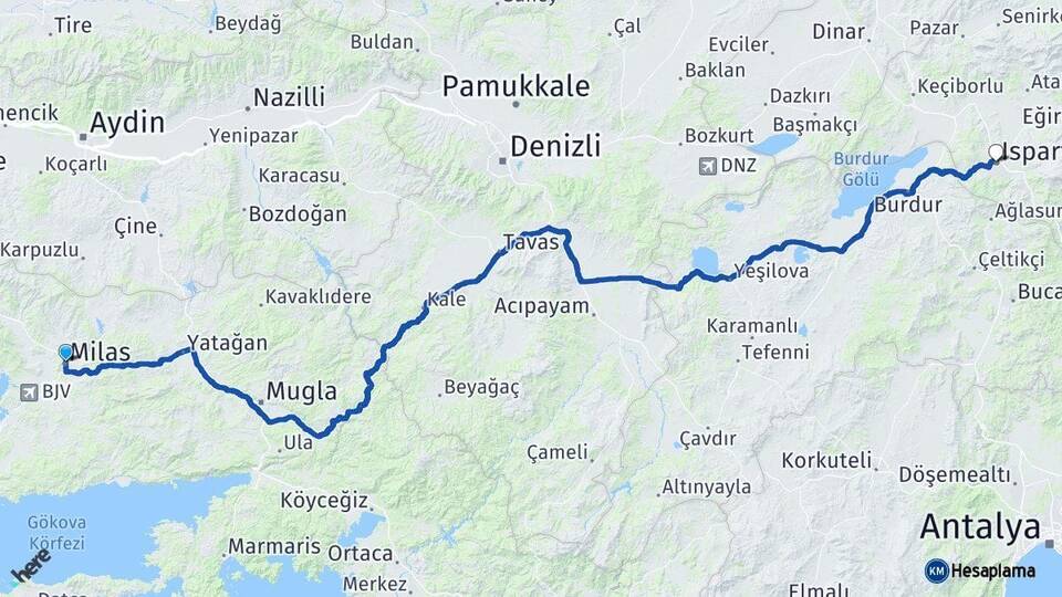 Muğla Milas Isparta Arası Kaç Km - Yol Haritası