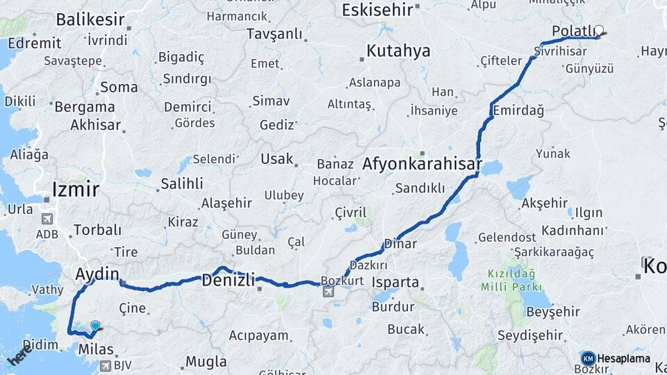 Muğla Milas Karahayıt Polatlı Ankara Arası Kaç Km - Yol Haritası