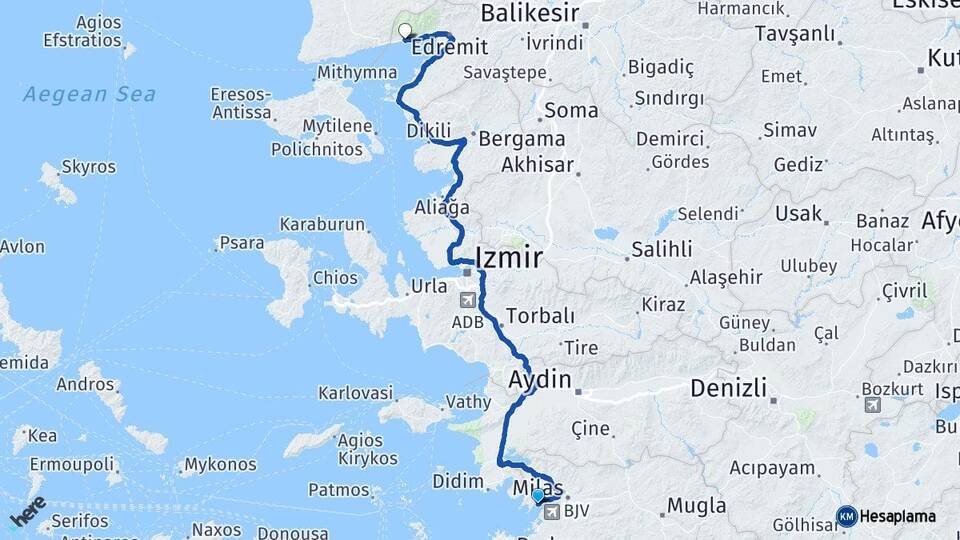 Muğla Milas Kıyıkışlacık Altınoluk Edremit Balıkesir Arası Kaç Km - Yol Haritası