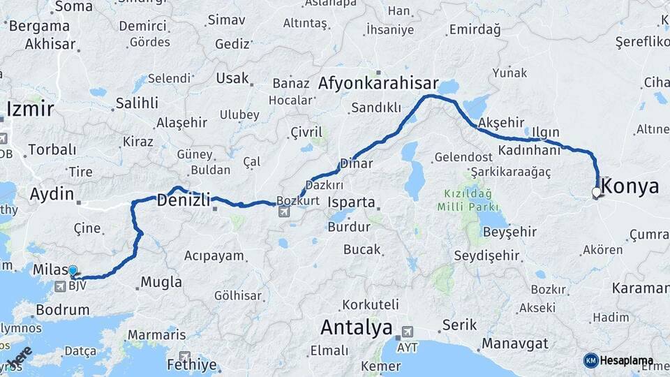 Muğla Milas Konya Arası Kaç Km - Yol Haritası