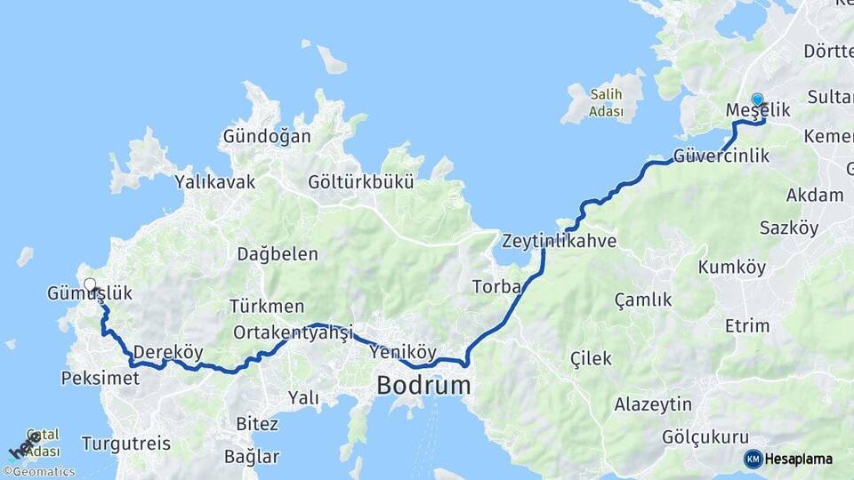 Muğla Milas Meşelik Gümüşlük Bodrum Arası Kaç Km - Yol Haritası