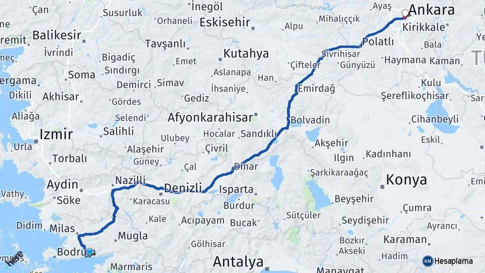 Muğla Milas Ören Ankara Arası Kaç Km - Yol Haritası