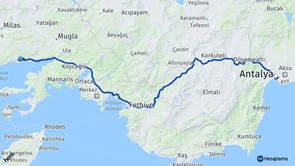 Muğla Milas Ören Antalya Arası Kaç Km - Yol Haritası