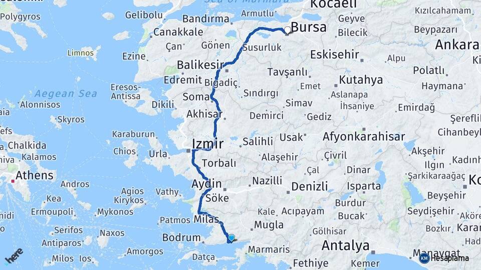 Muğla Milas Ören Bursa Arası Kaç Km - Yol Haritası