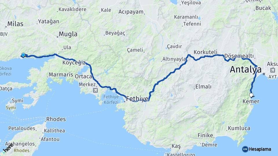 Muğla Milas Ören Göynük Kemer Antalya Arası Kaç Km - Yol Haritası