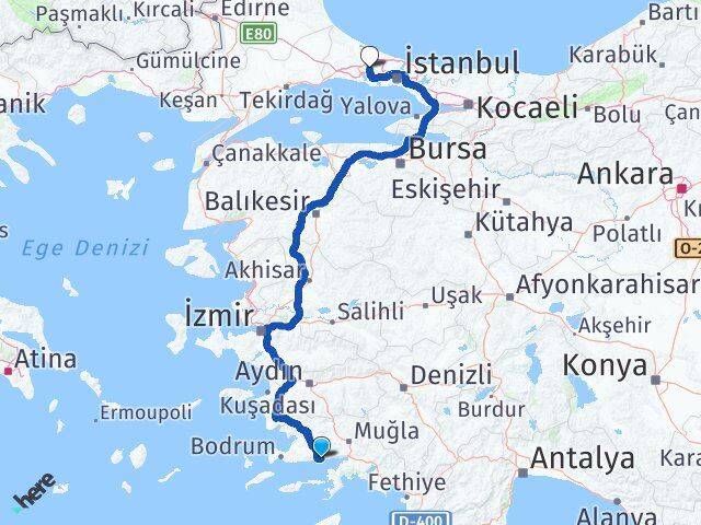 Muğla Milas Ören Hadımköy Arnavutköy İstanbul Arası Kaç Km - Yol Haritası