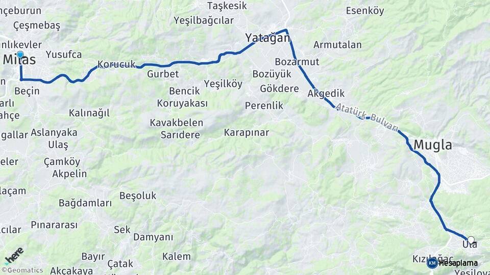 Muğla Milas Ula Arası Kaç Km - Yol Haritası
