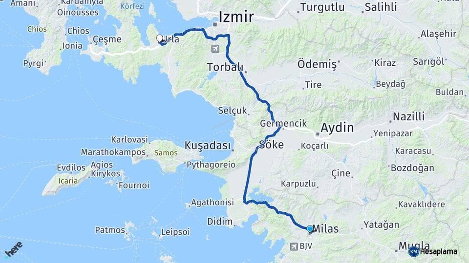 Muğla Milas Urla İzmir Arası Kaç Km - Yol Haritası