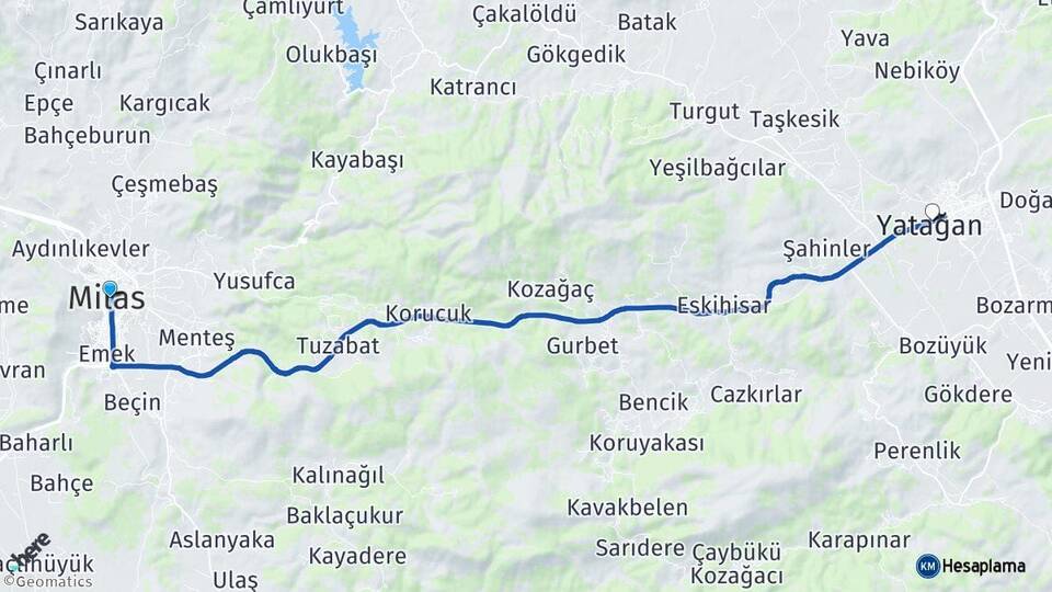 Muğla Milas Yatağan Arası Kaç Km - Yol Haritası