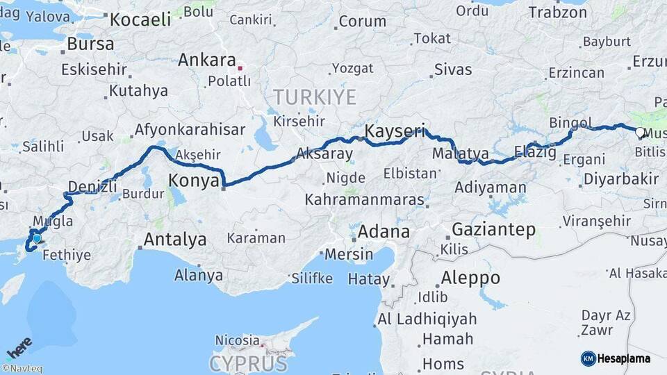 Muğla Muş Arası Kaç Km - Yol Haritası