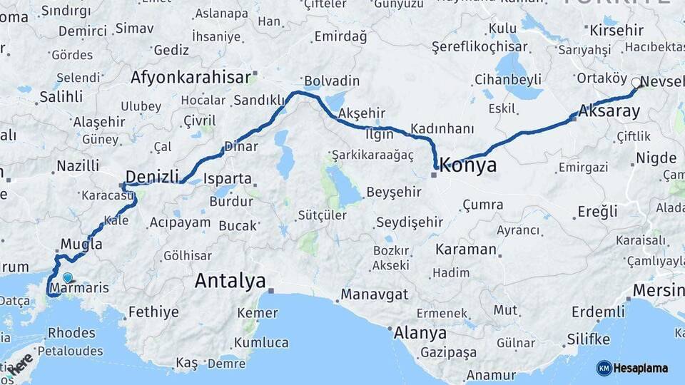 Muğla Nevşehir Arası Kaç Km - Yol Haritası