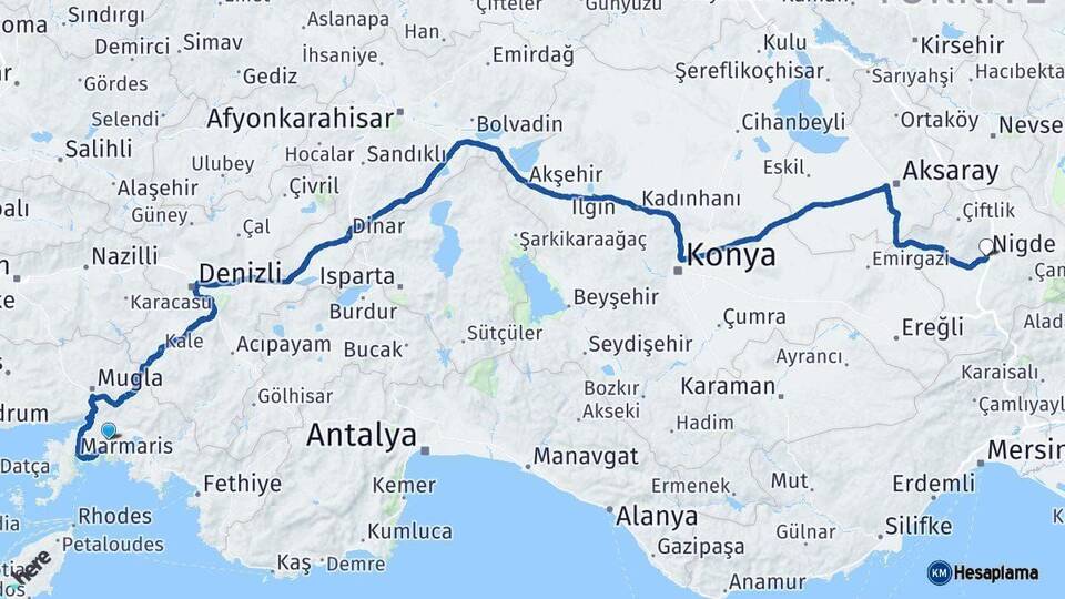 Muğla Niğde Arası Kaç Km - Yol Haritası