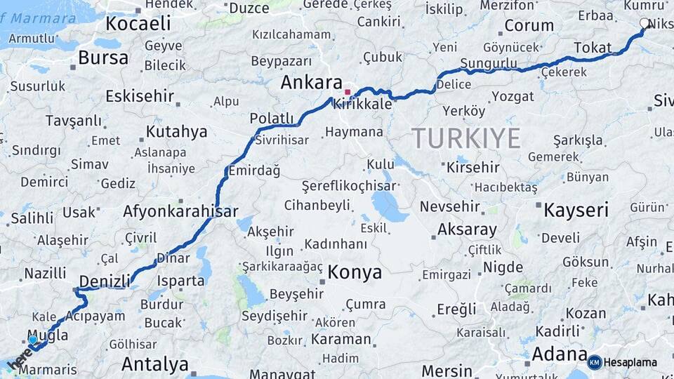 Muğla Niksar Tokat Arası Kaç Km - Yol Haritası