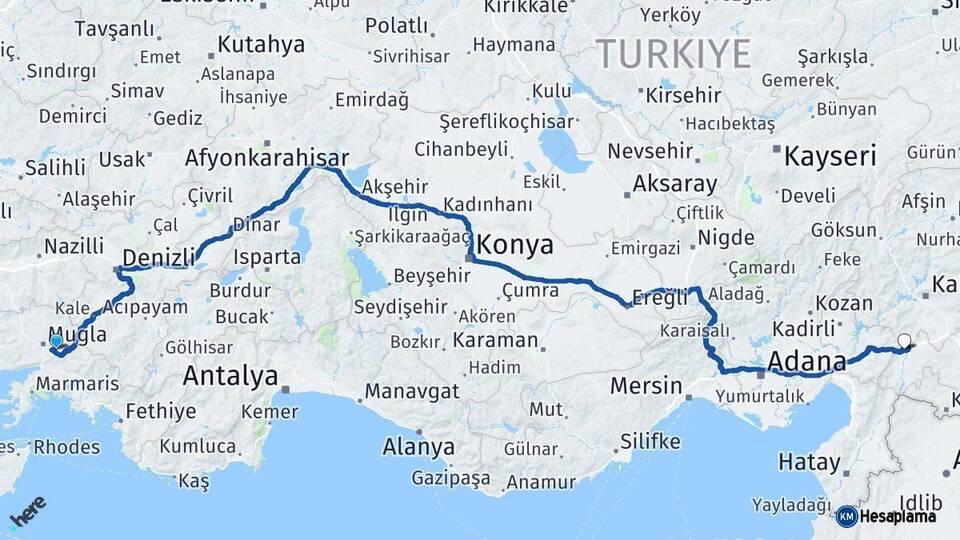Muğla Nurdağı Gaziantep Arası Kaç Km - Yol Haritası