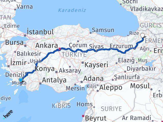 Muğla Olur Erzurum Arası Kaç Km - Yol Haritası