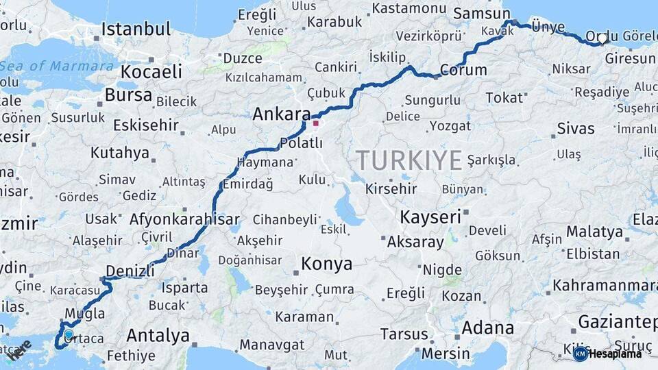 Muğla Ordu Arası Kaç Km - Yol Haritası