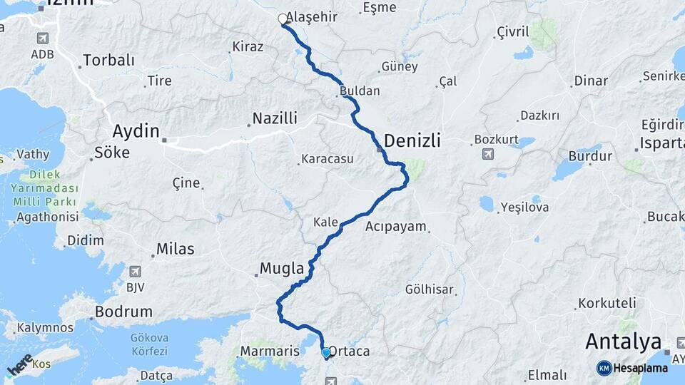 Muğla Ortaca Alaşehir Manisa Arası Kaç Km - Yol Haritası