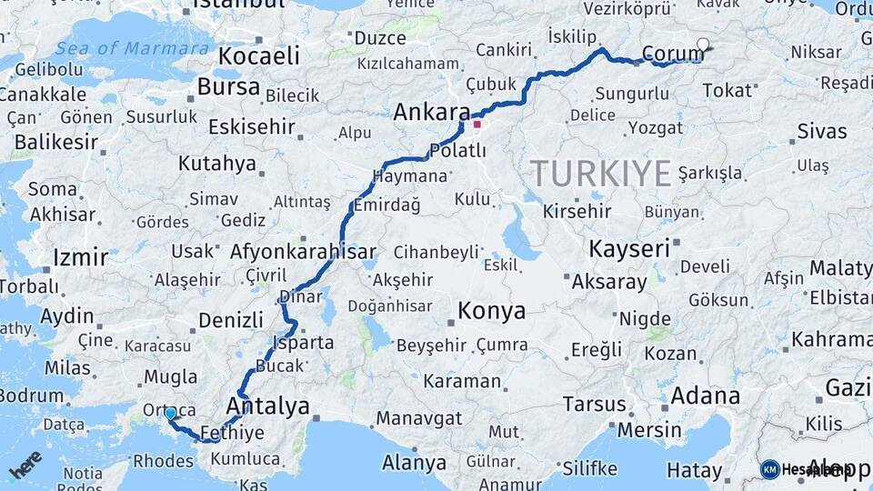 Muğla Ortaca Amasya Arası Kaç Km - Yol Haritası