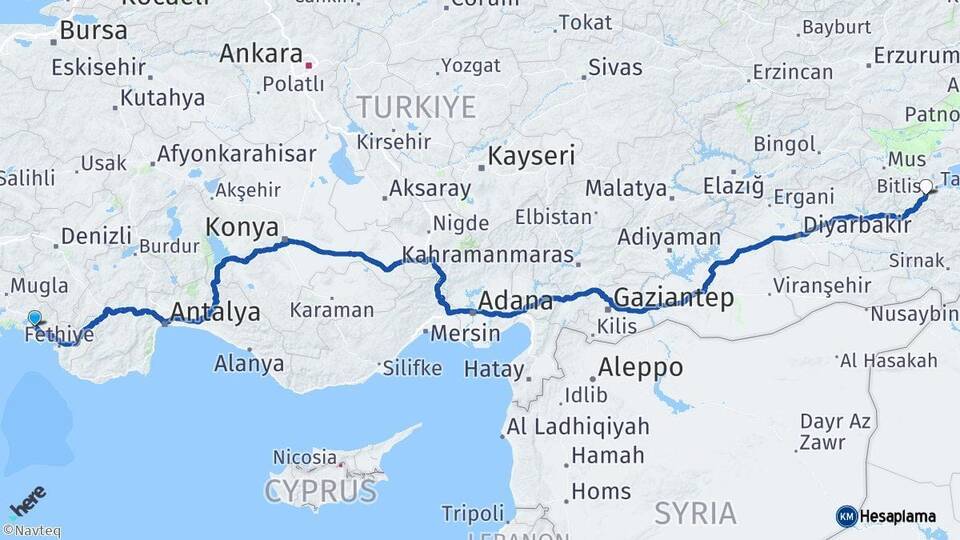 Muğla Ortaca Bitlis Arası Kaç Km - Yol Haritası