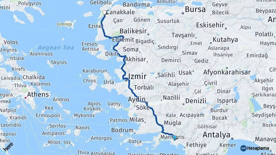 Muğla Ortaca Çanakkale Arası Kaç Km - Yol Haritası
