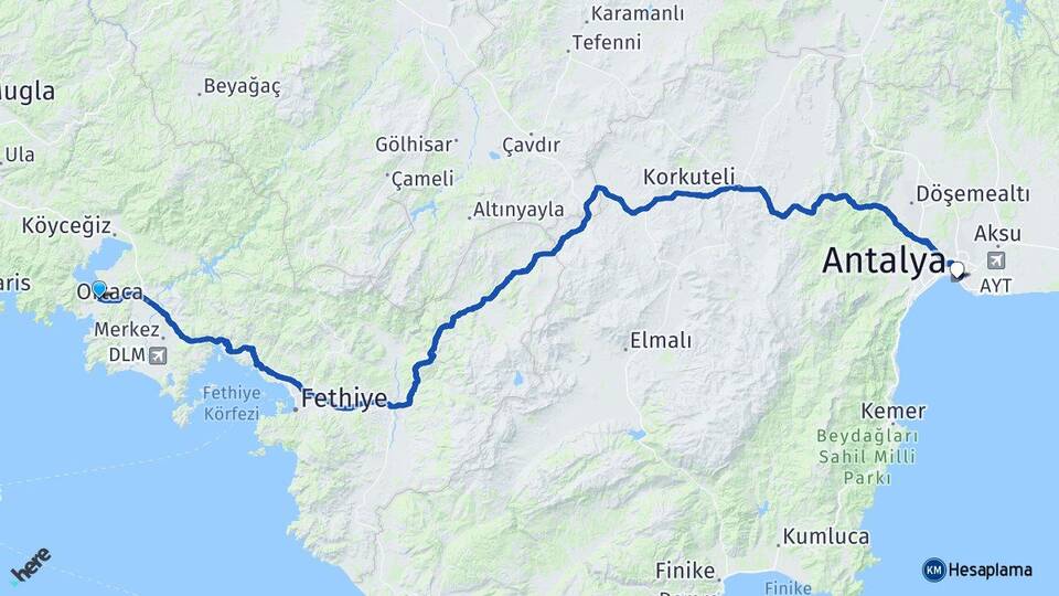 Muğla Ortaca Dalyan Antalya Arası Kaç Km - Yol Haritası