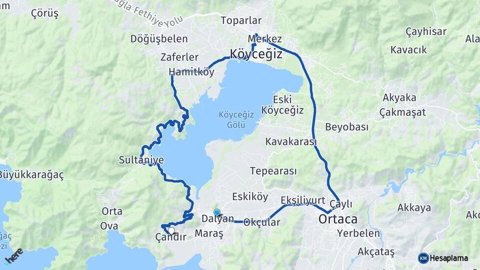 Muğla Ortaca Dalyan Çandır Köyceğiz Arası Kaç Km - Yol Haritası