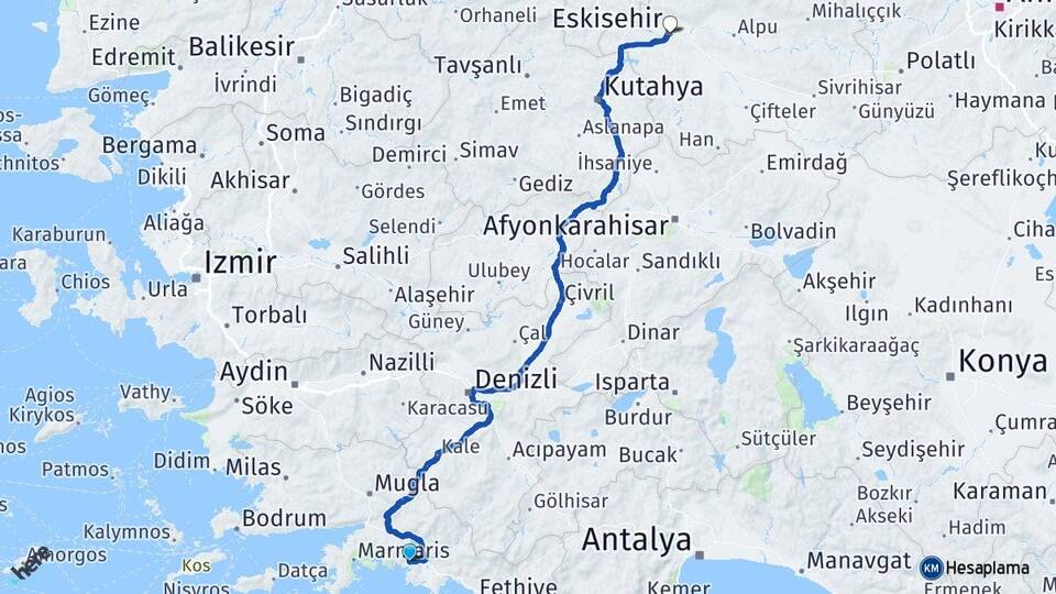 Muğla Ortaca Dalyan Eskişehir Arası Kaç Km - Yol Haritası