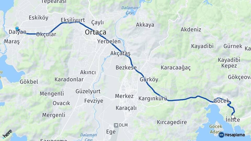 Muğla Ortaca Dalyan İnlice Fethiye Arası Kaç Km - Yol Haritası