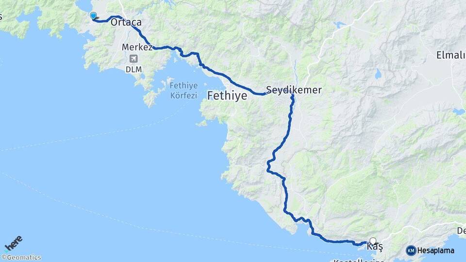 Muğla Ortaca Dalyan Kaş Antalya Arası Kaç Km - Yol Haritası