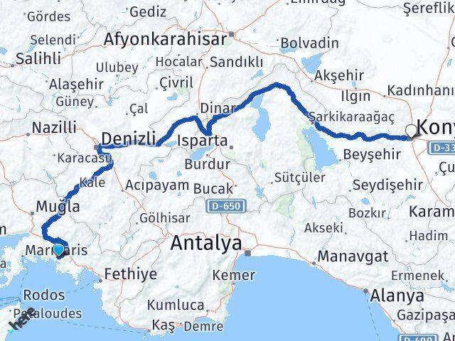 Muğla Ortaca Dalyan Konya Arası Kaç Km - Yol Haritası