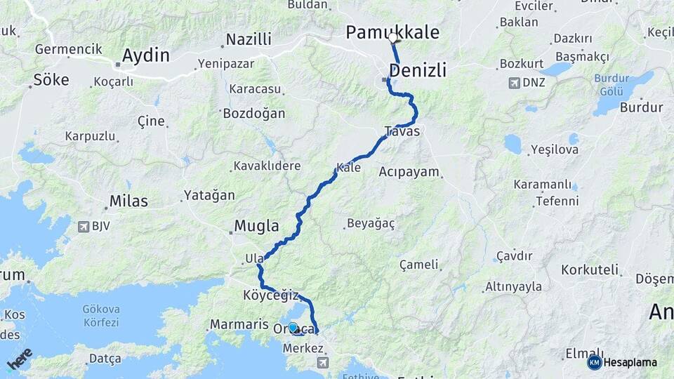 Muğla Ortaca Dalyan Pamukkale Denizli Arası Kaç Km - Yol Haritası