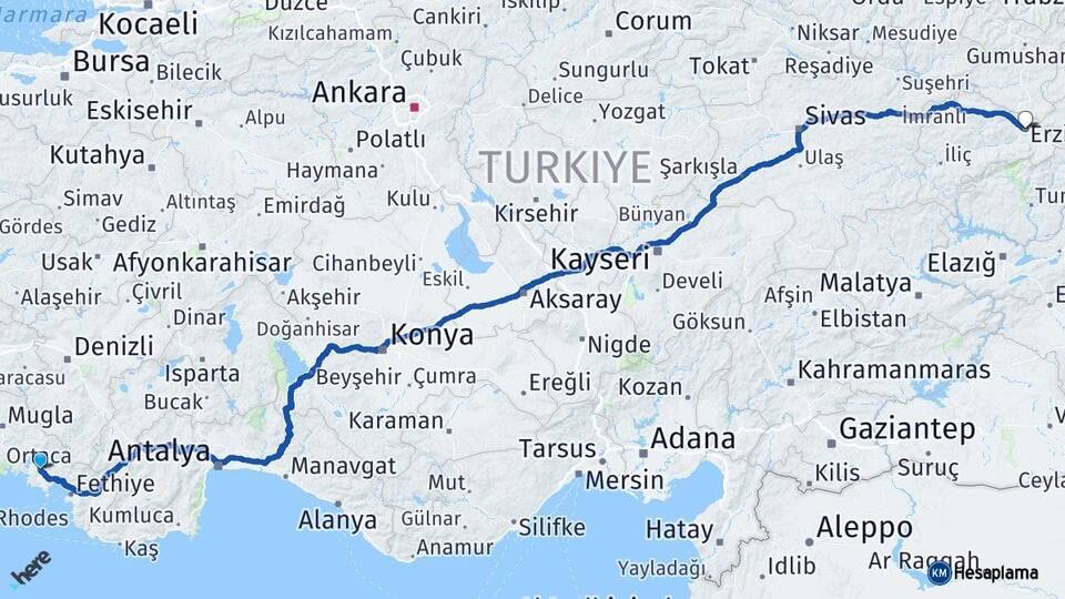 Muğla Ortaca Erzincan Arası Kaç Km - Yol Haritası