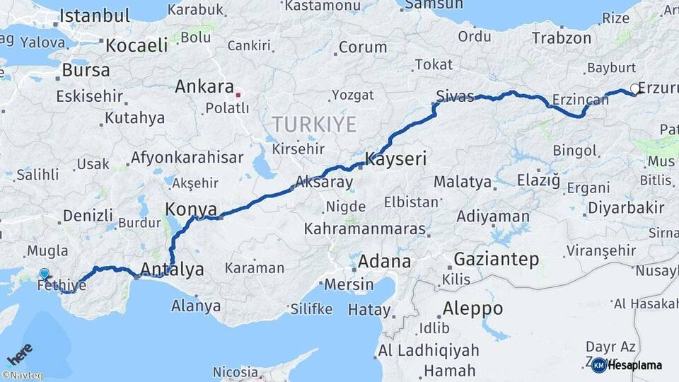 Muğla Ortaca Erzurum Arası Kaç Km - Yol Haritası