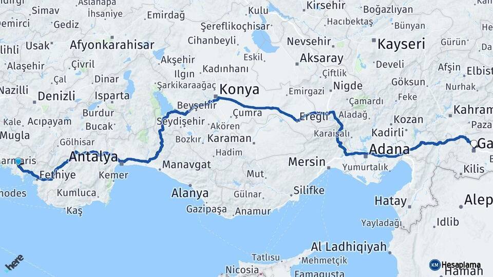 Muğla Ortaca Gaziantep Arası Kaç Km - Yol Haritası