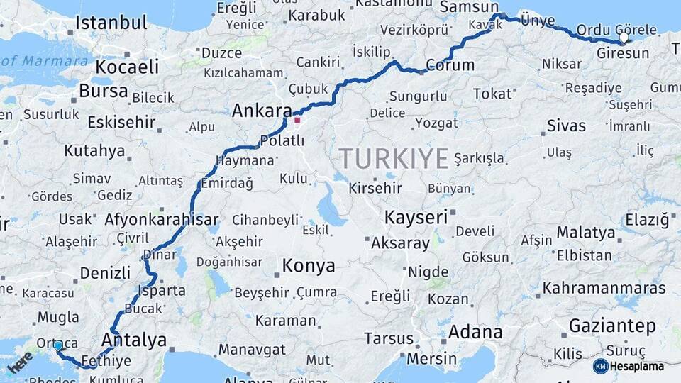 Muğla Ortaca Giresun Arası Kaç Km - Yol Haritası