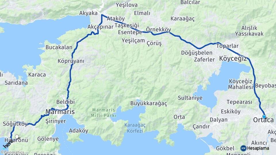 Muğla Ortaca Hisarönü Marmaris Arası Kaç Km - Yol Haritası