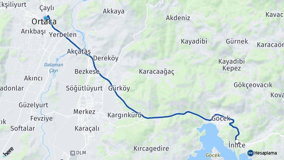 Muğla Ortaca İnlice Fethiye Arası Kaç Km - Yol Haritası