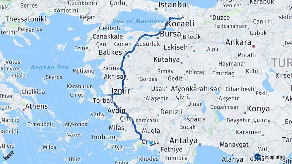 Muğla Ortaca İzmit Kocaeli Arası Kaç Km - Yol Haritası