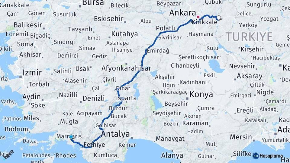 Muğla Ortaca Kırıkkale Arası Kaç Km - Yol Haritası